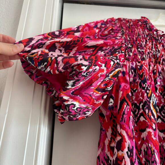 TCEC Fuchsia Printed Smocked Top Sz 1X Vibrant Career Office Colorful Pink - Picture 4 of 9